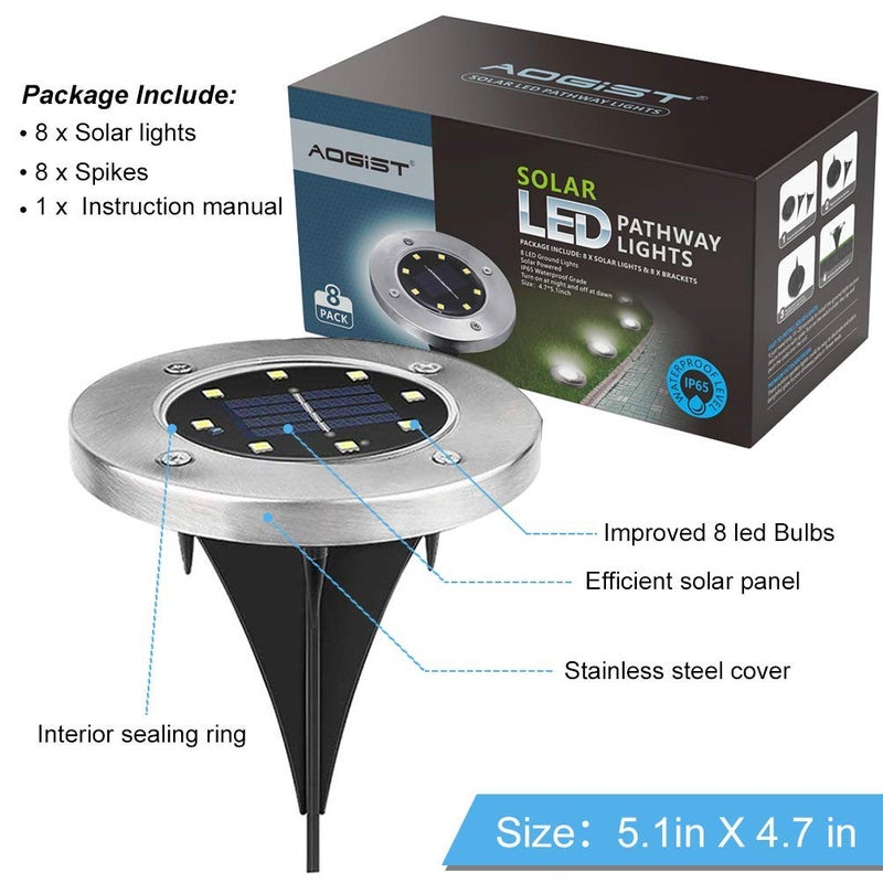 Aogist Outdoor Solar Ground Lights, 8 LED Waterproof Garden Disk Lights In-Ground Landscape Lighting for Lawn Patio Pathway Yard Deck Walkway (White, 8 Pack) - Image 2